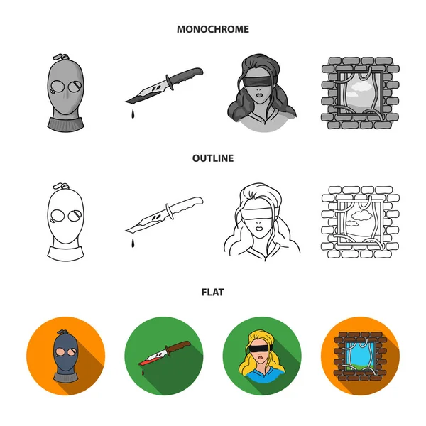 A thief in a mask, a bloody knife, a hostage, an escape from prison.Crime set collection icons in flat,outline,monochrome style vector symbol stock illustration web. — Stock Vector