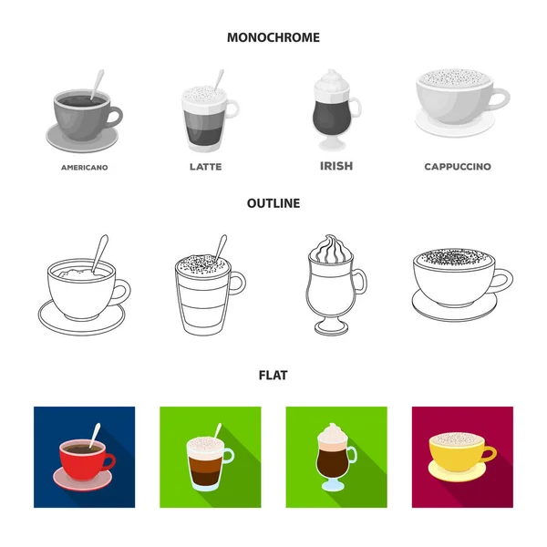 Americano, tarde, irlandês, cappuccino.Different tipos de ícones de coleção de conjunto de café no plano, contorno, estilo monocromático símbolo vetorial web ilustração . —  Vetores de Stock