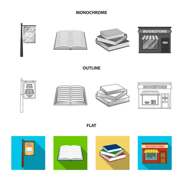 Une enseigne, une librairie, une pile de livres, un livre ouvert. Une bibliothèque et une librairie mis icônes collection en plat, contour, monochrome style vectoriel symbole illustration web . — Image vectorielle