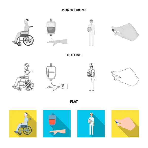외상, 혈액 수혈, 의사, 의사의 손에서 약물 치료와 함께 잘못 된. 평면, 개요, 흑백 스타일 벡터 기호 재고 일러스트 웹 Medicineset 컬렉션 아이콘. — 스톡 벡터