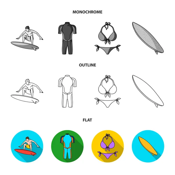 Surfeur, combinaison, bikini, planche de surf. Ensemble de surf icônes de la collection en plat, contour, monochrome style vectoriel symbole illustration web . — Image vectorielle