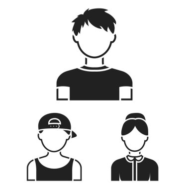 Set koleksiyonu tasarım için simgeler siyah avatar ve yüz. Bir kişi s görünüm vektör simge stok web çizim.