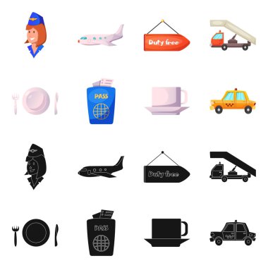 Havaalanı ve uçak işareti vektör tasarımı. Web için Havaalanı ve uçak hisse senedi simgesi kümesi.