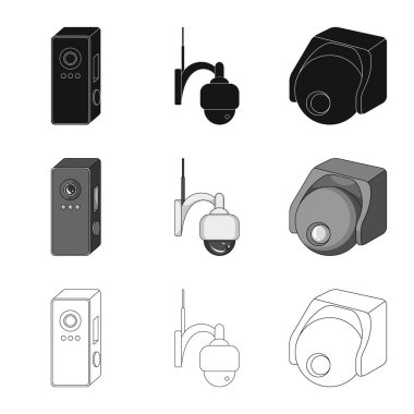 Cctv ve kamera işareti yalıtılmış nesne. Web için cctv ve sistem hisse senedi simgesi kümesi.