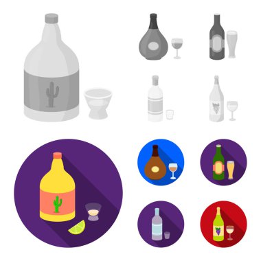Tekila, konyak, bira, votka. Alkol toplama simgeler tek renkli, düz stil vektör simge stok çizim web ayarla..
