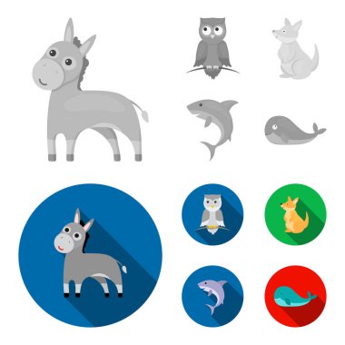 Eşek, baykuş, kanguru, köpekbalığı. Hayvan toplama simgeler tek renkli, düz stil vektör simge stok çizim web ayarla..
