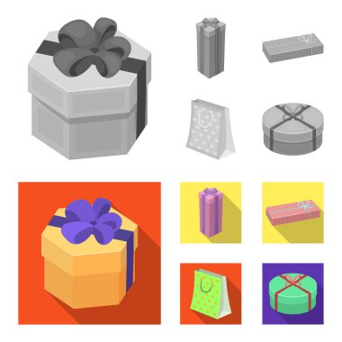Fiyonklu hediye paketi hediye kutusu. Hediyeler ve sertifikaları tek renkli, düz stil vektör simge stok çizim web simgeler ayarla.