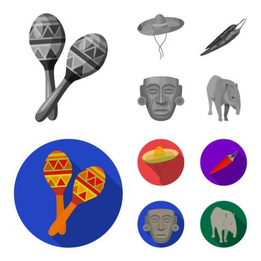 Marakas ulusal müzik aleti, sambrero geleneksel Meksika headdress, kırmızı biber, acı, Idol-Tanrı. Meksika ülke toplama simgeler tek renkli, düz stil vektör simge stok ayarla.