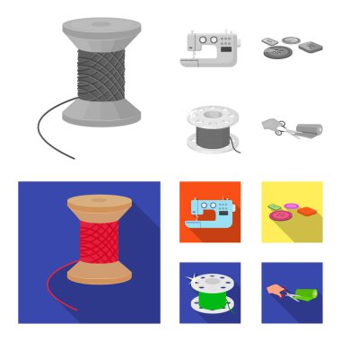 İplik makaraları, dikiş makinesi, bobin, pugwitz ve diğer ekipmanlar. Dikiş ve ekipman tek renkli, düz stil vektör simge stok çizim web simgeler ayarla.