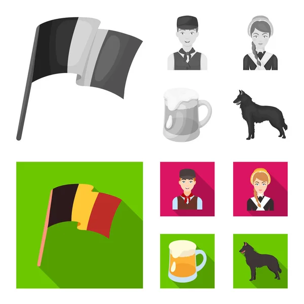 Ulusal bayrak, Belçikalılar ve ülkenin diğer simgeler. Belçika toplama simgeler tek renkli, düz stil vektör simge stok çizim web ayarla.. — Stok Vektör