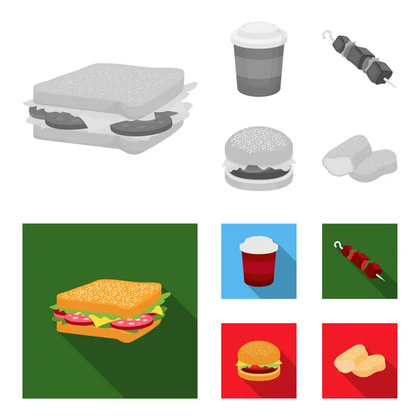 サンドイッチ、コーヒー、シシカバブ、ハンバーガー。ファーストフードは白黒のフラット スタイル ベクトル シンボル ストック イラスト web でコレクションのアイコンを設定. — ストックベクタ