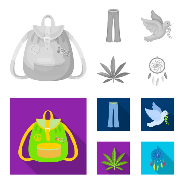 A cannabis leaf, a dove, jeans, a backpack.Hippy set collection icons in monochrome,flat style vector symbol stock illustration web. — Stock Vector