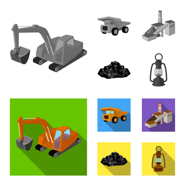 Bagger, Dumper, Verarbeitungsanlage, Mineralien und ore.mining industrie set collection icons in monochrom, flat style vektor symbol stock illustration web. — Stockvektor