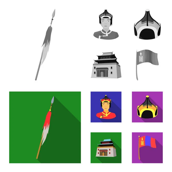 Militaire speer, Mongoolse strijder, helm, gebouw. Mongolië instellen collectie iconen in zwart-wit, vlakke stijl vector symbool stock illustratie web. — Stockvector