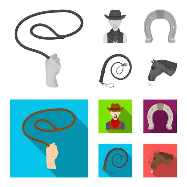 Lasso a mano, cowboy, ferro di cavallo, frusta. Rodeo set icone di raccolta in monocromatico, stile piatto vettore simbolo stock illustrazione web . — Vettoriale Stock