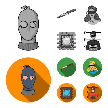 Bir hırsız bir maske, kanlı bir bıçak, bir rehine, hapishaneden kaçış. Suç toplama simgeler tek renkli, düz stil vektör simge stok çizim web ayarla..