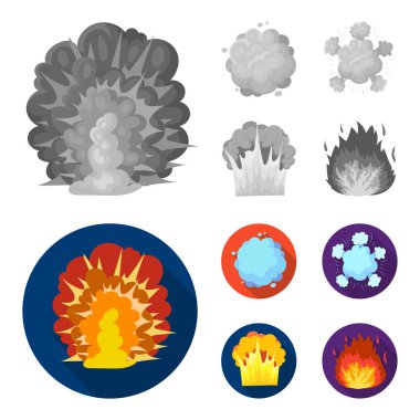 Alevi, kıvılcım, hidrojen parçaları, atom veya gaz patlaması. Patlamalar toplama simgeler tek renkli, düz stil vektör simge stok çizim web ayarla..
