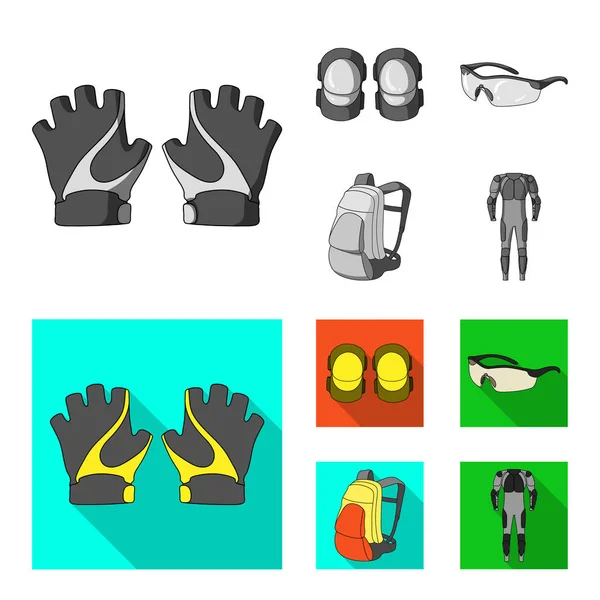 Guantes, coderas, gafas, mochila ciclista. Traje de ciclista conjunto de iconos de la colección en monocromo, vector de estilo plano símbolo stock illustration web . — Archivo Imágenes Vectoriales