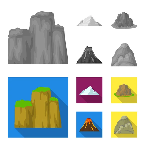 Falésias, uma erupção vulcânica, uma montanha com uma praia, uma geleira. Diferentes montanhas conjunto coleção ícones em monocromático, estilo plano símbolo vetorial estoque ilustração web . — Vetor de Stock
