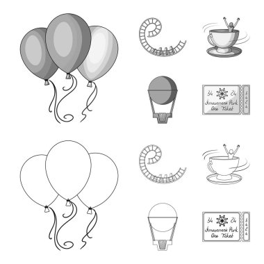 Roller coaster binmek, balon sepet, caruelle Kupası, parkın girişinde bir bilet ile. Eğlence Parkı toplama simgeler anahat, tek renkli stil vektör simge stok çizim web ayarla..