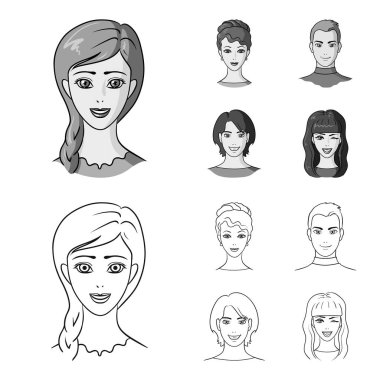 Gençlerin farklı görünüyor. Avatar ve yüz toplama simgeler anahat, tek renkli stil vektör simge stok çizim web ayarla.