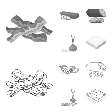 Burger ve malzemeler anahat, set koleksiyonu tasarım için tek renkli simgeler. Vektör simge stok web illüstrasyon pişirme Burger.