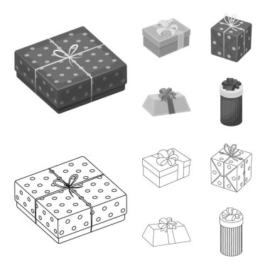 Fiyonklu hediye paketi hediye kutusu. Hediyeler ve sertifikaları anahat, tek renkli stil vektör simge stok çizim web simgeler ayarla.