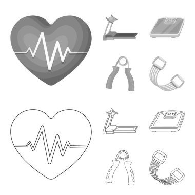 Koşu bandı, ölçekler, expander ve ekipman eğitim için diğer. Spor ve egzersiz anahat, tek renkli stil vektör simge stok çizim web simgeler ayarla.