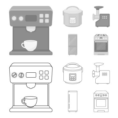 Multivarka, buzdolabı, kıyma makinesi, gaz sobası. Ev toplama simgeler anahat, tek renkli stil vektör simge stok çizim web ayarla..
