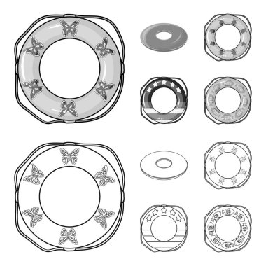 Çok renkli Yüzme daire anahat, set koleksiyonu tasarım için tek renkli simgeler. Farklı lifebuoys sembol stok web illüstrasyon vektör.