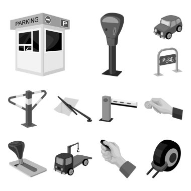 Set koleksiyonu tasarım için arabalar tek renkli simgeler için otopark. Ekipman ve hizmet vektör simgesi web illüstrasyon stok.