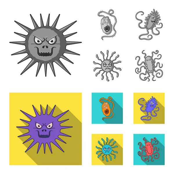Berbagai jenis mikroba dan virus. Virus dan bakteri mengatur pengumpulan ikon dalam monokrom, gaya datar vektor simbol saham gambar web . - Stok Vektor