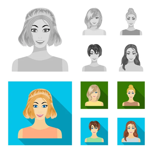 Types de coiffures féminines monochromes, des icônes plates dans la collection ensemble pour le design. Apparence d'une femme vecteur symbole stock web illustration . — Image vectorielle