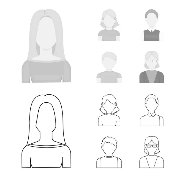 Roodharige jongen, tiener meisje, oma met bril. Avatar instellen collectie iconen in overzicht, zwart-wit stijl vector symbool stock illustratie web. — Stockvector