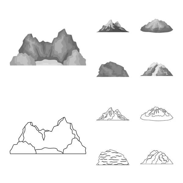Montañas en el desierto, un pico nevado, una isla con un glaciar, una montaña nevada. Diferentes montañas conjunto de iconos de colección en el contorno, el estilo monocromo vector símbolo stock ilustración web . — Archivo Imágenes Vectoriales