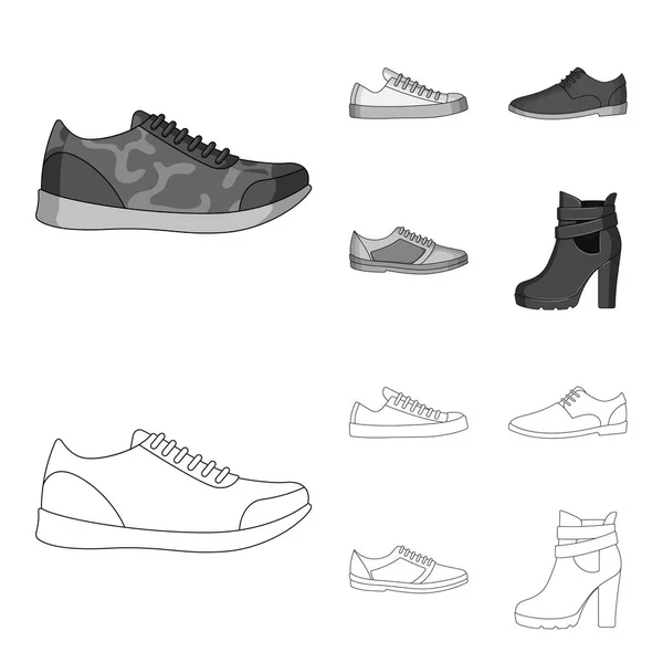 Un conjunto de iconos en una variedad de zapatos.Diferentes zapatos icono único en el contorno, el estilo monocromo vector web símbolo stock illustration . — Archivo Imágenes Vectoriales