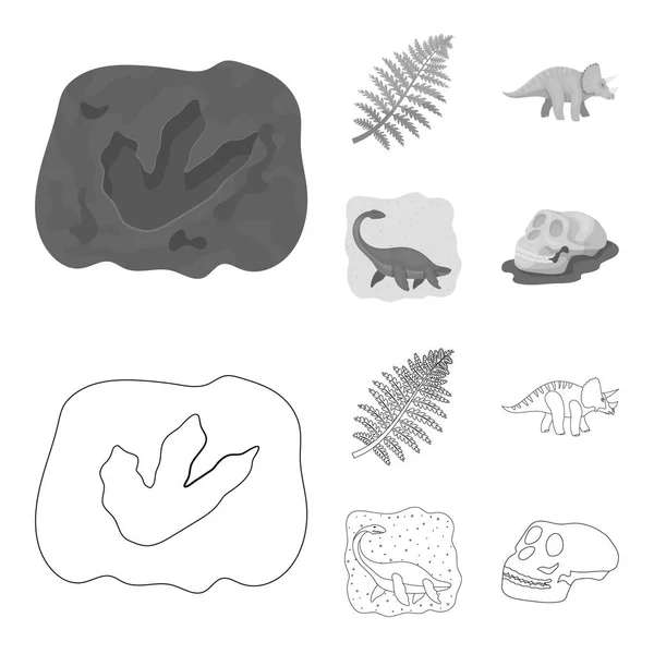 Sea dinosaur,triceratops, prehistoric plant, human skull. Dinosaur and prehistoric period set collection icons in outline,monochrome style vector symbol stock illustration web. — Stock Vector