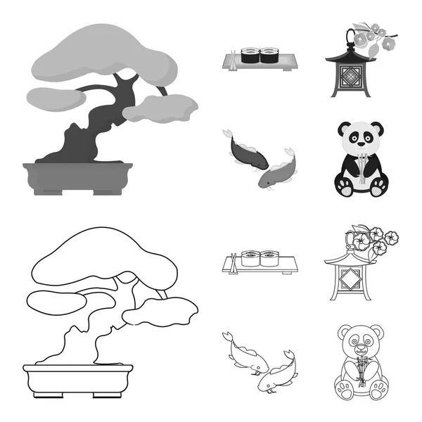 Sushi, peixe koi, lanterna japonesa, panda.Japan conjunto coleção ícones em esboço, estilo monocromático símbolo vetorial ilustração web . —  Vetores de Stock
