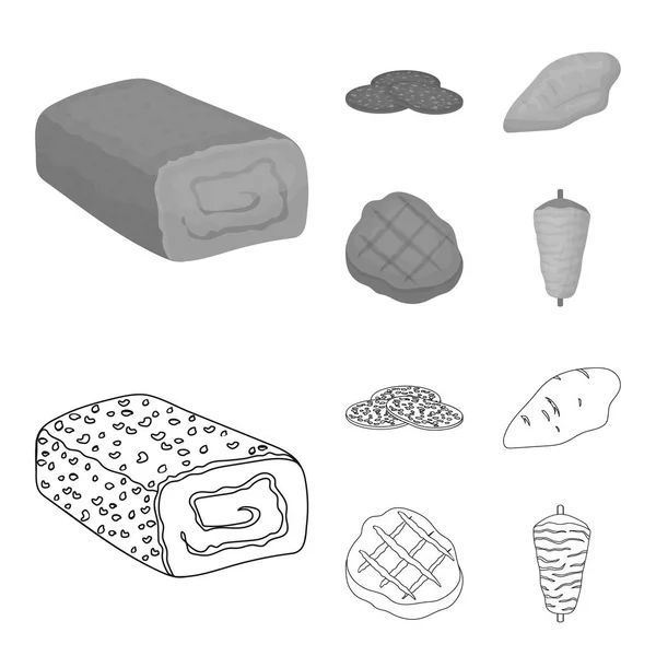 Morceaux de salami, filet de dinde, steak grillé, kebab.Meat ensemble icônes de la collection dans le contour, symbole vectoriel de style monochrome illustration web . — Image vectorielle