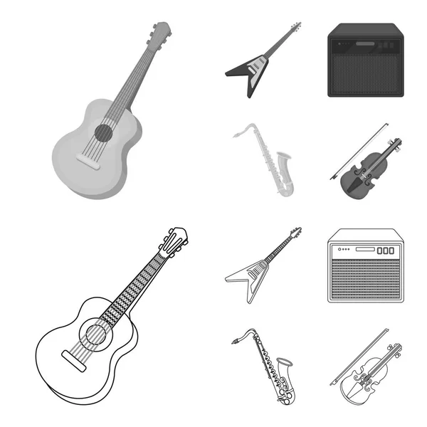 Elgitarr, högtalare, saxofon, violin. Musikinstrument som samling ikoner i disposition, svartvit stil vektor symbol stock illustration web. — Stock vektor