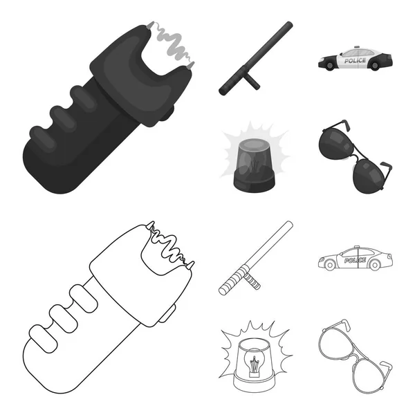 Police baton, auto, flasher, glasses.Police set collection icons in outline,monochrome style vector symbol stock illustration web. — Stock Vector