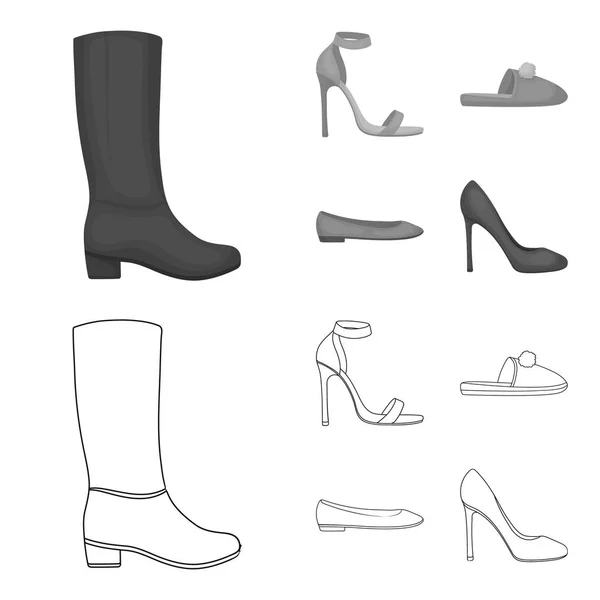 Blue high-heeled sandals, homemade lilac slippers with a pampon, pink women s ballet flats, brown high-heeled shoes. Shoes set collection icons in outline,monochrome style vector symbol stock — Stock Vector