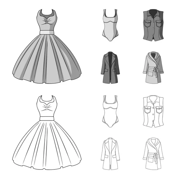 Γυναίκες s ρούχα διάρθρωσης, μονόχρωμες εικόνες set συλλογής για το σχεδιασμό. Ποικιλίες ρούχα και αξεσουάρ σύμβολο μετοχής web εικονογράφηση διάνυσμα. — Διανυσματικό Αρχείο