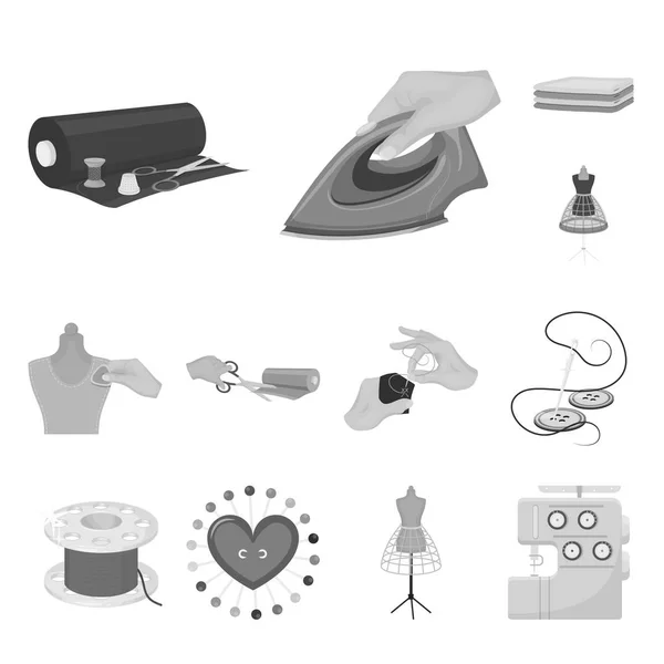 Atelier en apparatuur zwart-wit pictogrammen in set collectie voor design. Naaien voor bovenkleding vectorillustratie symbool voorraad web. — Stockvector