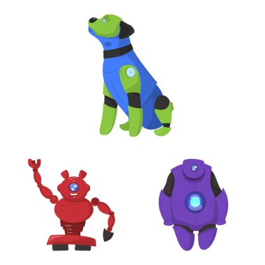 Robot ve fabrika işareti yalıtılmış nesne. Robot ve uzay hisse senedi vektör çizim seti.