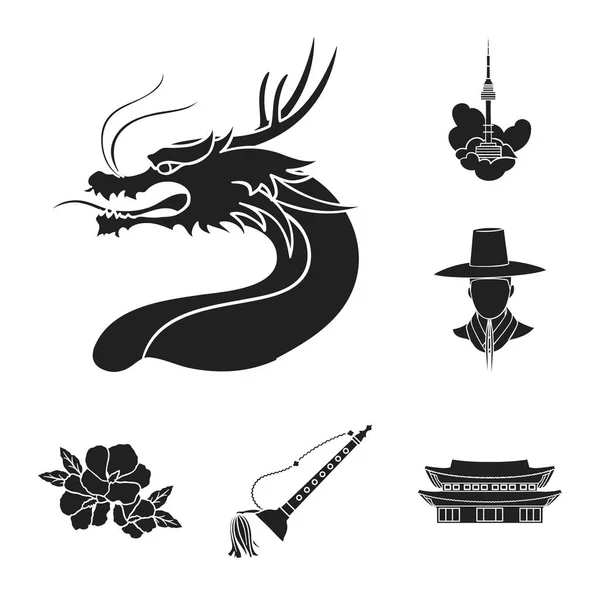Land Südkorea schwarze Symbole in Set Sammlung für design.travel und Attraktion Vektor Symbol Stock Web-Illustration. — Stockvektor