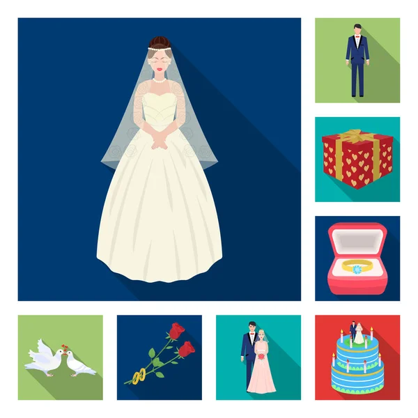 Casamento e Atributos ícones planos na coleção de conjuntos para design.Newlyweds e Acessórios símbolo vetorial ilustração web stock . — Vetor de Stock