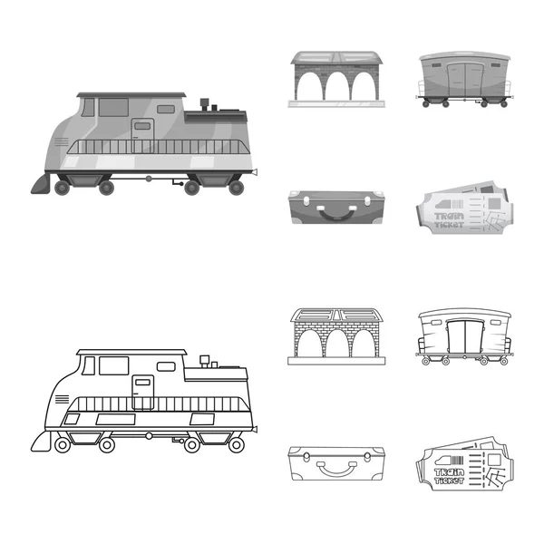 Illustrazione vettoriale dell'icona del treno e della stazione. Raccolta dell'illustrazione dei vettori ferroviari e dei biglietti . — Vettoriale Stock