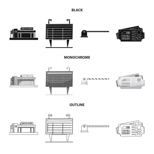 기호 역 및 열차의 그림을 벡터 합니다. 주식에 대 한 기차 및 티켓 벡터 아이콘의 컬렉션. — 스톡 벡터