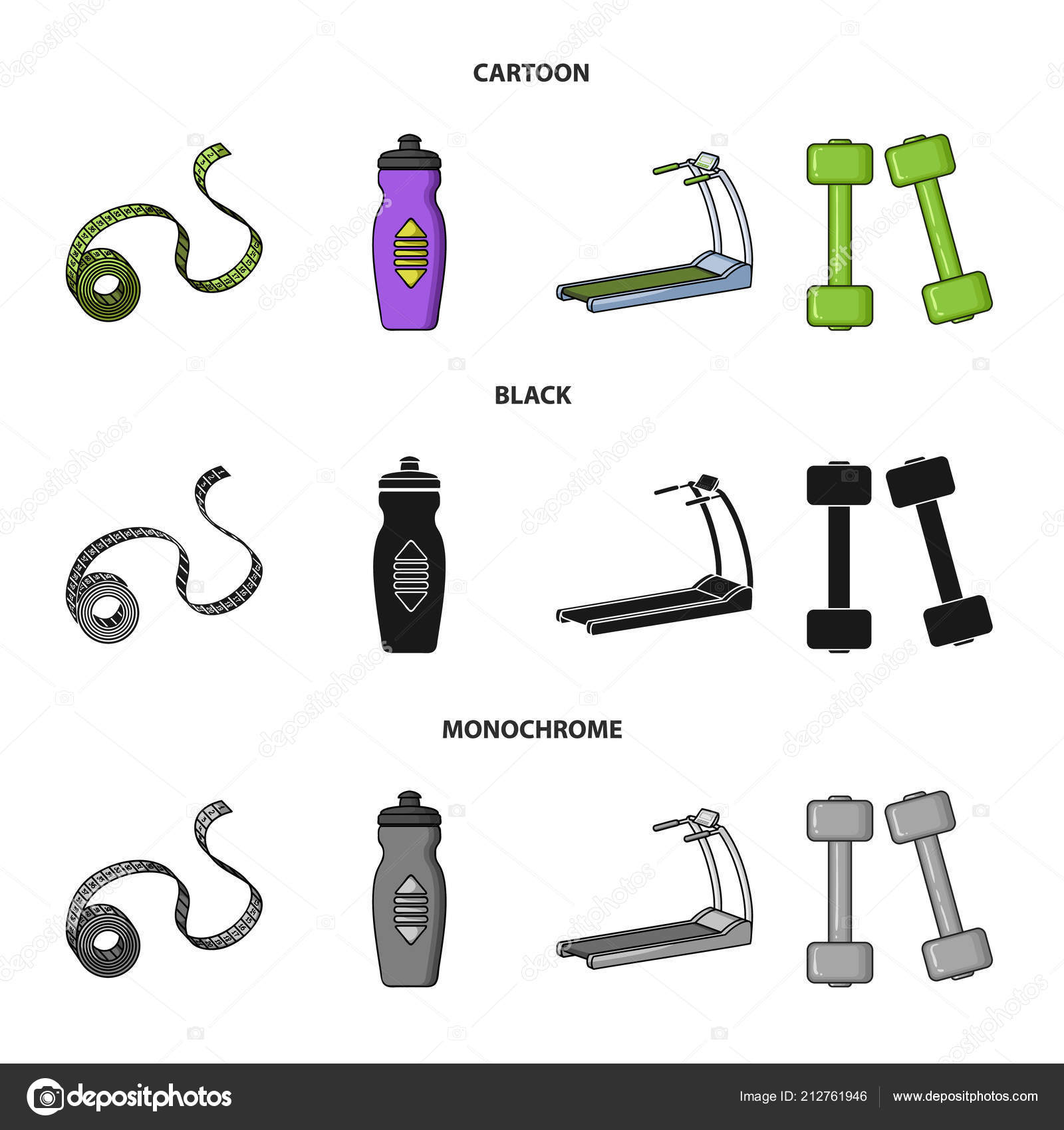 Measuring tape, water bottle, treadmill, dumbbells. Fitnes set